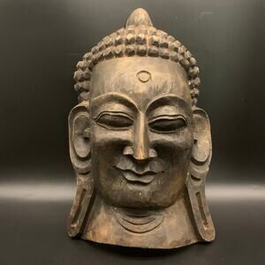 Vintage Gautam Buddha Nepal Head Face Mask Hand Carved Wood Wall Hanging